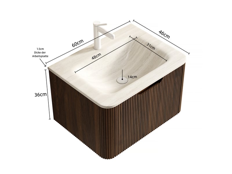  Meuble sous vasque avec tiroir led et vasque intégrée en pierre frittée pour salle de bain, beige et noyer, 68×54×49 cm  - Conforama D