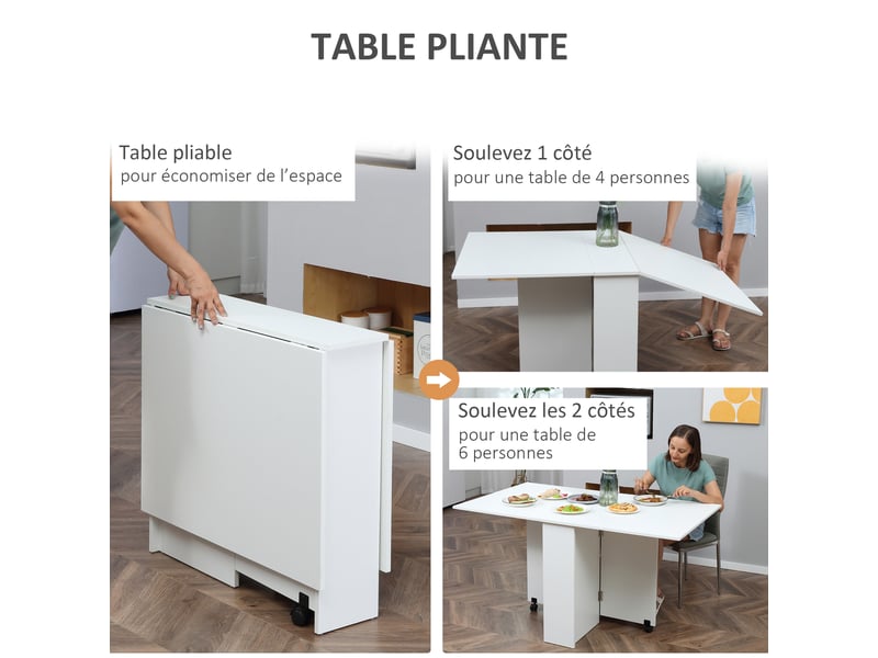  Table pliante de cuisine salle à manger amovible sur roulettes blanc 75l x 140l x 74h cm  - Conforama A