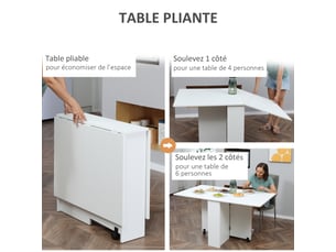 Table pliante de cuisine salle à manger amovible sur roulettes blanc 75l x 140l x 74h cm