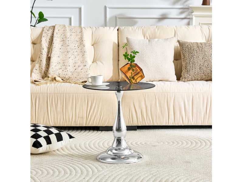  Table d'appoint ronde en verre trempé 50 cm, piètement métal argenté, h 51,5 cm  - Conforama E
