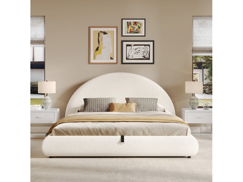 Lit coffre 160 × 200 cm 2 places avec rangement hydraulique, tête de lit rembourrée, sans matelas, bouclé blanc - Conforama C