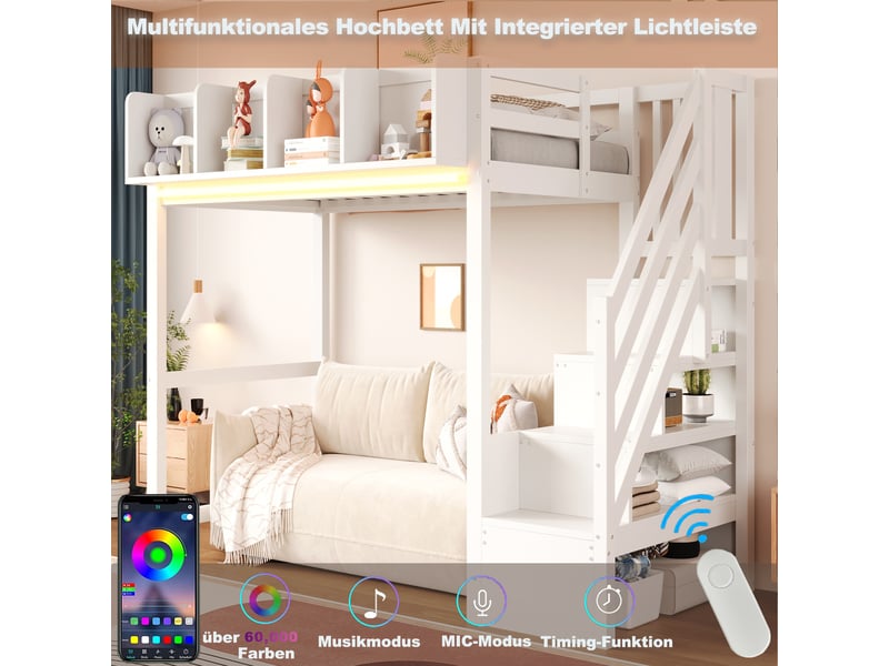 Lit mezzanine enfant une place 90×200 cm avec barrière, étagères et led - okmyhome- bois blanc, sans matelas - Conforama E