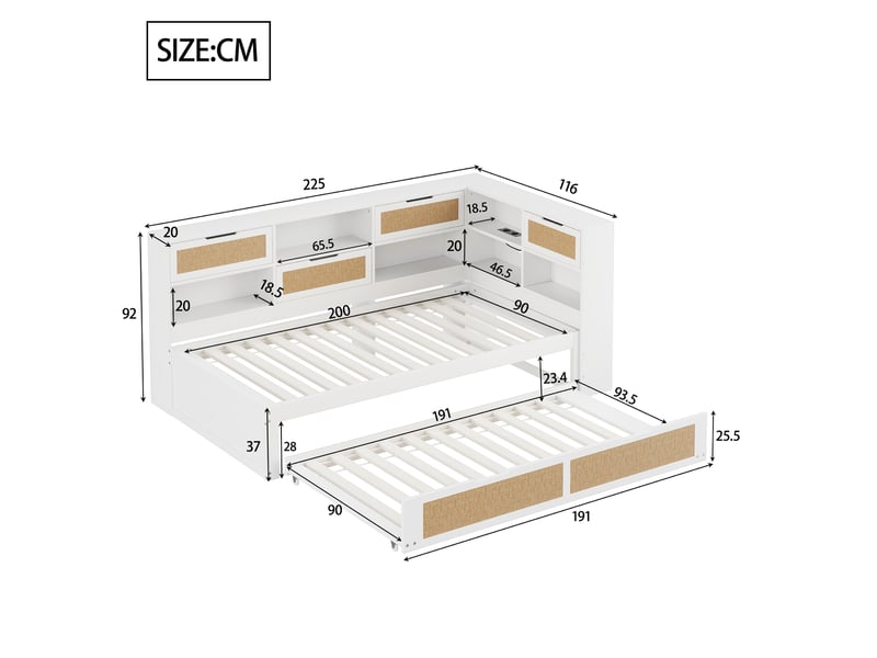Lit banquette avec lit gigogne et rangements, bois blanc, 90x200 cm, prise de charge intégrée - Conforama C