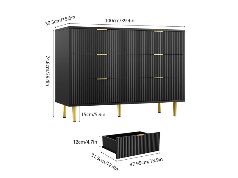 Commode 6 tiroirs moderne - grand espace de rangement, anti-basculement façade ondulée, poignées et pieds dorés, 100x40x75cm-noir PHK_35LS575A - Conforama D