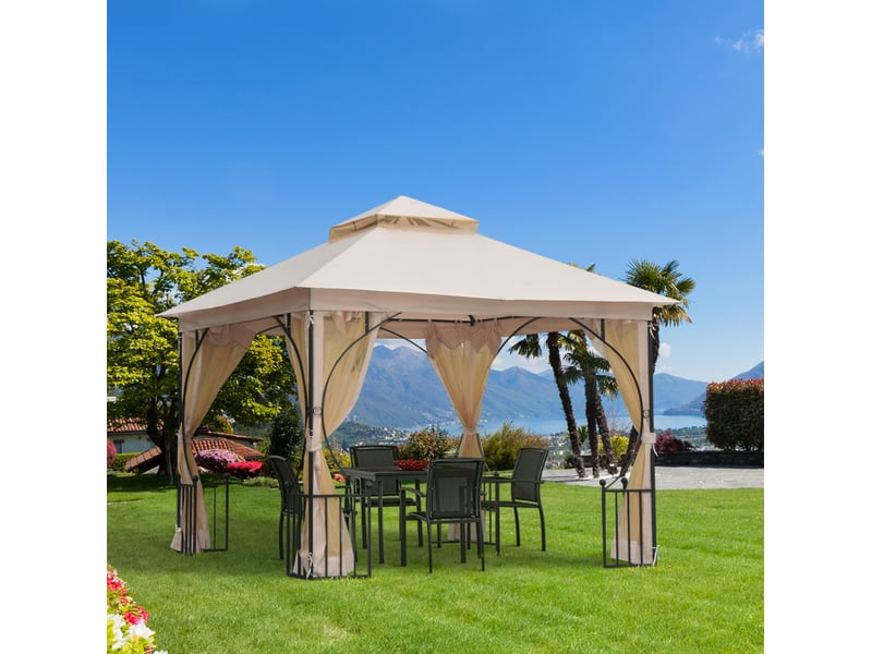 Gazebo de jardin 295 x 295 x 275 cm – beige et noir – double toit, moustiquaires et 17 piquets d'ancrage - Conforama B