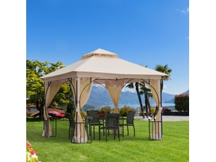 Gazebo de jardin 295 x 295 x 275 cm – beige et noir – double toit, moustiquaires et 17 piquets d'ancrage
