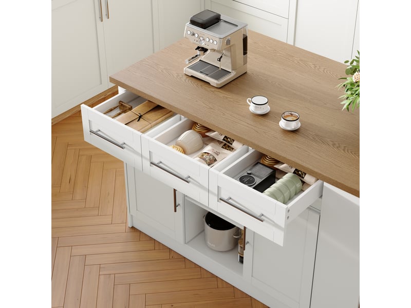  Îlot de cuisine avec 3 tiroirs muvano, table extensible, blanc et aspect bois, 120 × 60 × 90 cm  - Conforama W