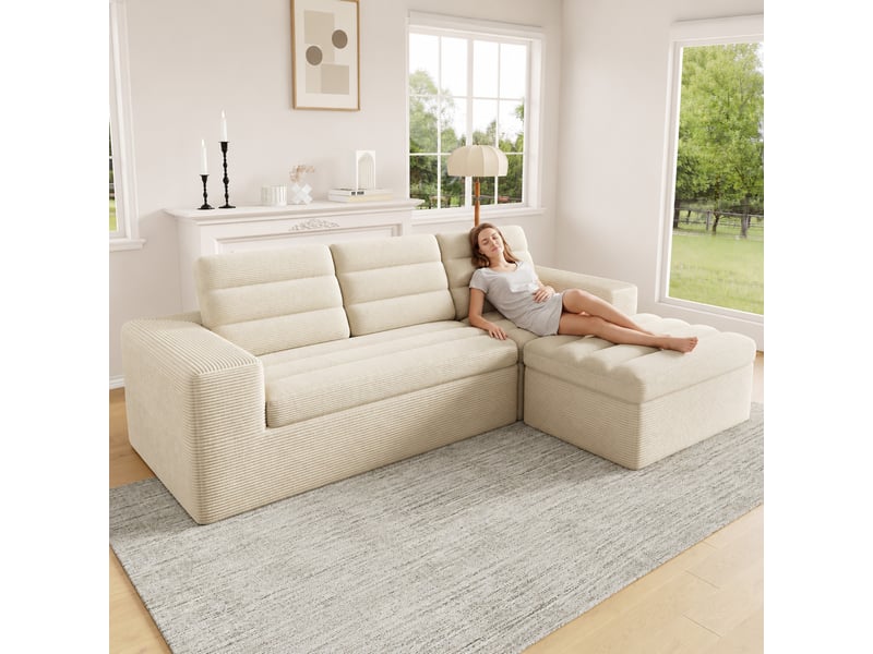  Canapé d’angle modulable l sans cadre 253 x 161 x 89 cm, canapé nuage convertible, combinaison libre, assise moelleuse, tissu velours côtelé - beige  - Conforama B