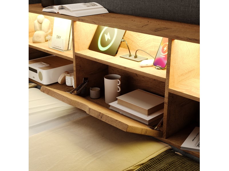  Modenvie lit coffre 90x190 cm - led, ports usb et tête de lit de rangement - sans matelas - gris  - Conforama D