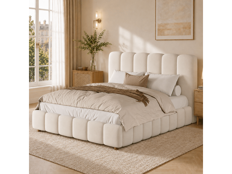  Lit double 140 × 190 cm avec coffre hydraulique, sommier à lattes et tête de lit en velours beige pour chambre  - Conforama D