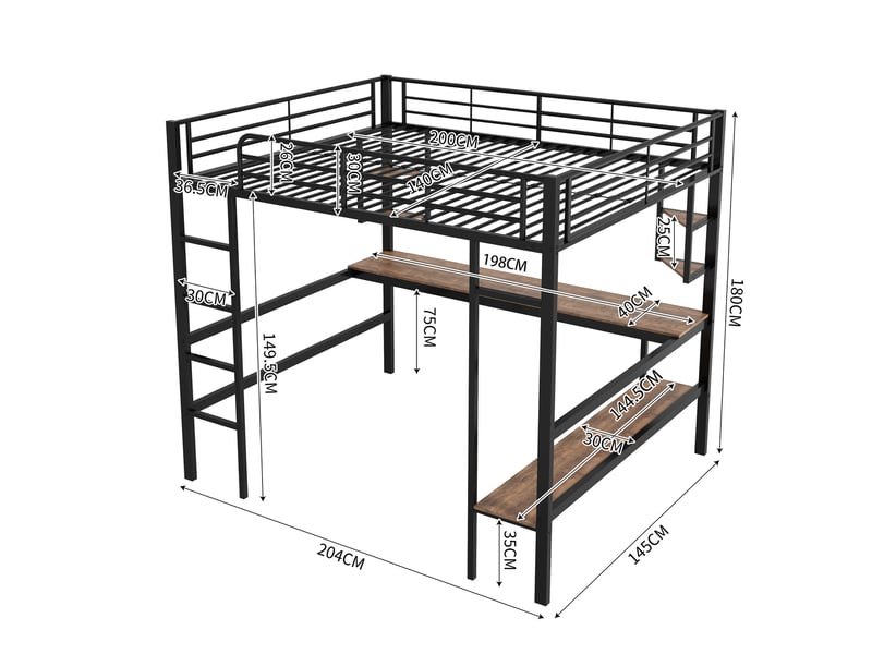  Lit mezzanine 140x200 cm en métal avec bureau, étagères, noir, sans matelas  - Conforama C