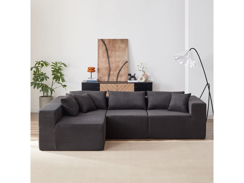 Canapé d’angle modulable en l - 4 modules, assise au sol et velours côtelé - canapé compressé - noir CozyNest - Conforama B