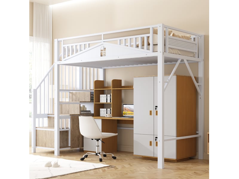  Lit mezzanine 90x200 cm avec escalier et rangements coloris blanc  - Conforama B