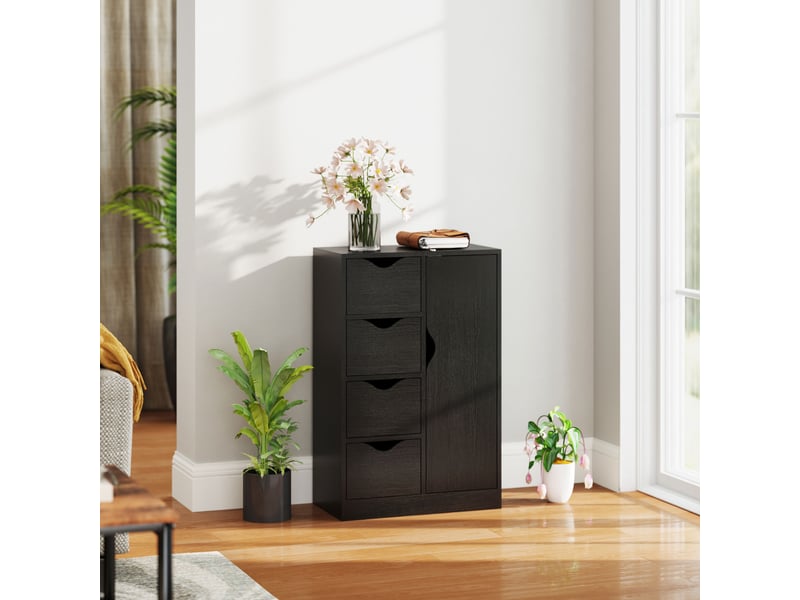 Meuble de rangement avec buffet, commode, armoire et quatre tiroirs, en bois, pour salon, cuisine, entrée, salle à manger, noir  - Conforama C