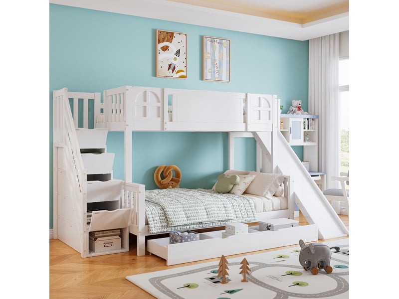 Lit superposé enfant 90x200 cm avec toboggan, escalier de rangement et tiroir blanc - Conforama D
