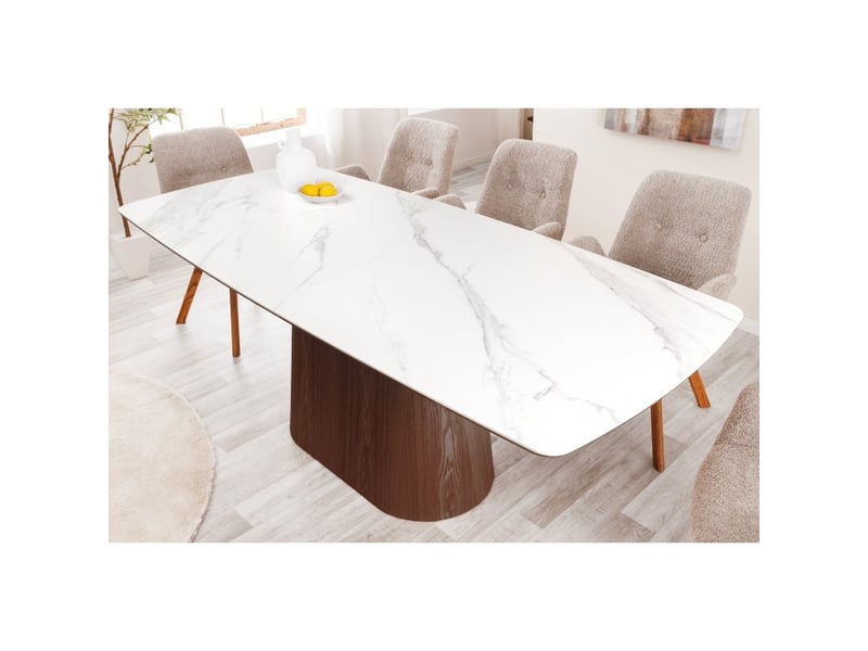  Table rectangulaire lumea – 200 cm – plateau céramique effet marbre blanc et pied plaqué noyer – style contemporain  - Conforama D