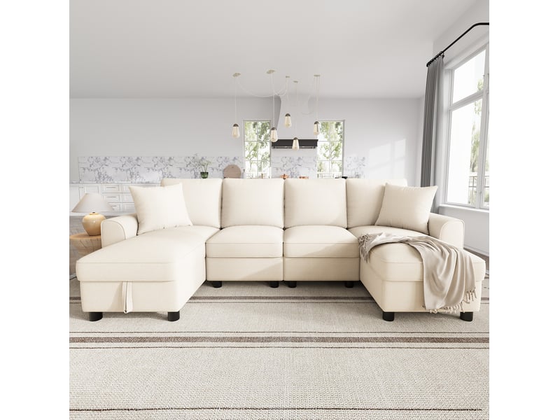 Canapé d'angle en u modenvie 4 places en chenille beige avec rangements 280 x 137 x 84 cm - Conforama E