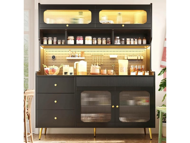  Buffet de cuisine haut noir 145x39x171 cm avec led rgb et porte relevable en verre strié  - Conforama B