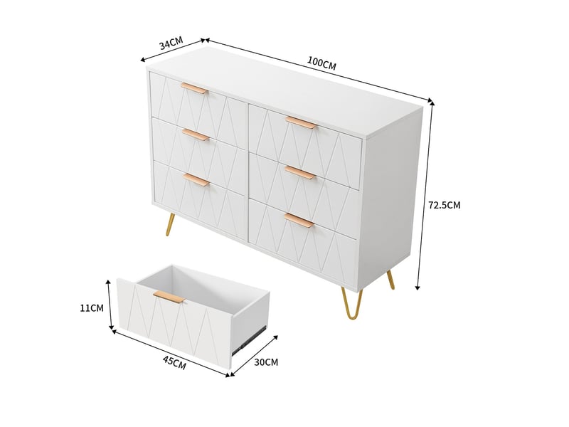  Commode chambre bois 100x34x72,5 cm, 6 tiroirs, meuble de rangement, anti-basculement, pieds en métal, style moderne luxe léger, blanc  - Conforama E