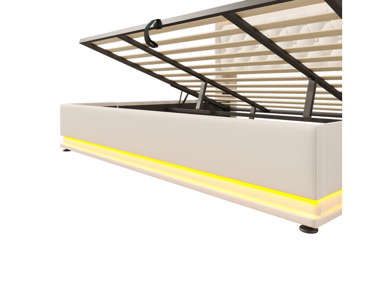  Lit coffre 180x200cm avec led ambiante 360°, ports de charge usb et type-c, design tendance, sans matelas, pu, blanc  - Conforama R