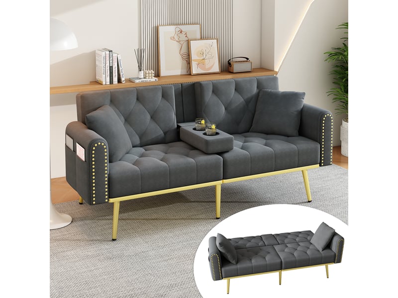 Canapé convertible 2 places 175x80x73,5 cm avec fonction lit, dossier réglable 3 positions, porte-gobelet, coussins, velours et pieds métal doré - gris - Conforama B