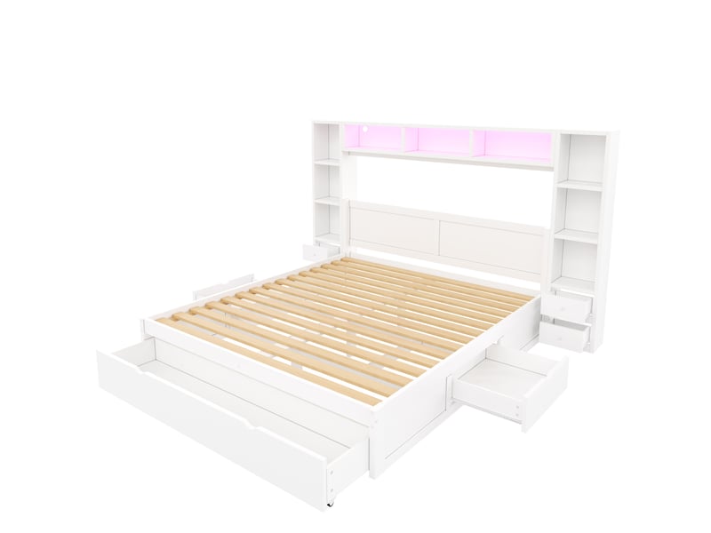  Lit adulte 140x200 cm avec rangements et éclairage led, lit 2 places en mdf et contreplaqué blanc, sans matelas  - Conforama D