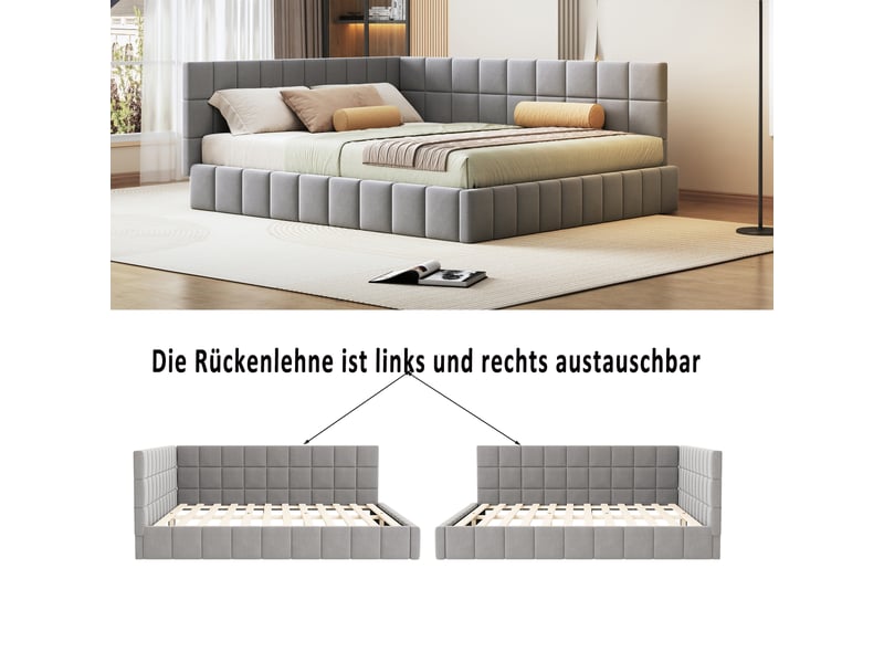  Lit capitonné et canapé-lit 160x200 cm en velours gris, multifonctionnel avec lattes, sans matelas  - Conforama E