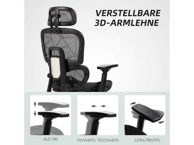  Chaise de bureau ergonomique en mesh avec accoudoirs, appui-tête, soutien lombaire, repose-pieds, noire  - Conforama D