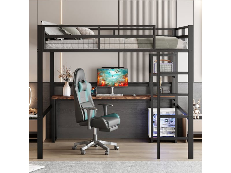  Lit mezzanine avec escalier 140x200cm cadre en fer avec bureau, prises usb type-c, étagères, rampe et échelle,noir  - Conforama C