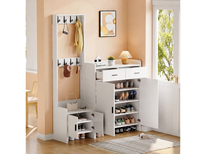  Meuble d'entrée avec rangement chaussures, 2 portes, 2 tiroirs, 8 patères, 125 x 32 x 165 cm, blanc  - Conforama C