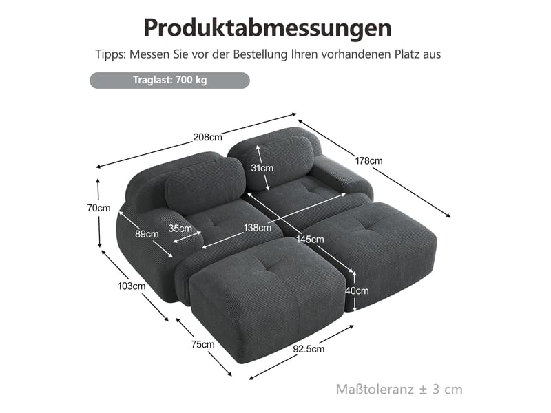  Canapé modulable 2 places 208x178x70 cm avec chaiselongue tissu côtelé gris  - Conforama E