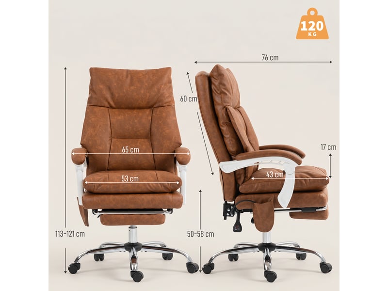  Chaise bureau ergonomique fauteuil de bureau en pu soutien lombaire gonflable dossier inclinable hauteur réglable marron  - Conforama E