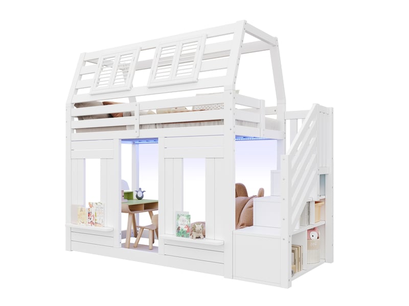  Lit mezzanine 90x200 cm avec led et échelle de rangement, lit cabane enfant avec barrière de sécurité, finition blanc bois, sommier à lattes inclus Bubbly - Conforama A