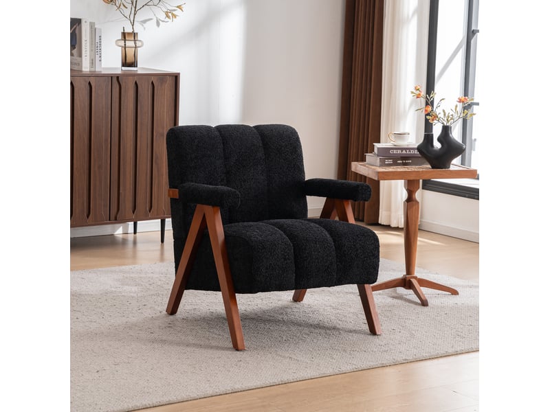  Fauteuil d'appoint rembourré avec accoudoirs et dossier segmenté, pour salon, en chêne massif noir  - Conforama B
