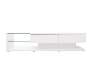 Meuble tv, blanc laqué brillant, 2 tiroirs, led d'ambiance, miroir intégré, design moderne et élégant pour salon