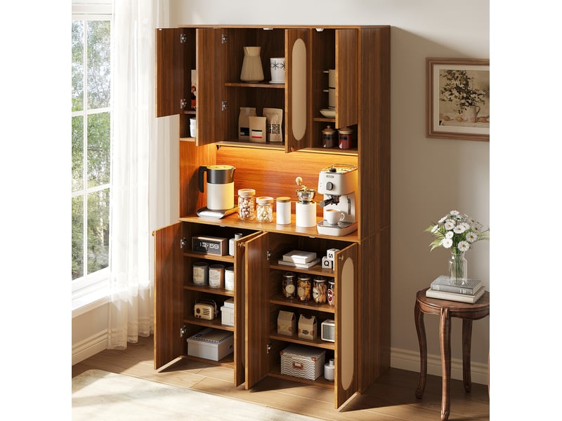  Buffet haut avec 8 portes, niche bar ouverte et led réglable en mdf et rotin pe naturel, pour salle à manger salon  - Conforama D