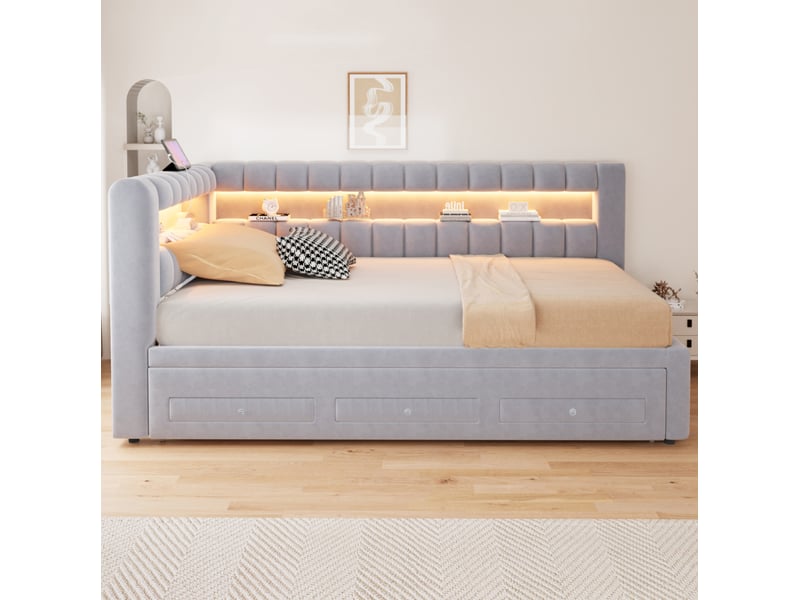  Lit banquette modenvie 90 x 190 cm gigogne avec tiroirs led usb type-c velours gris clair  - Conforama D