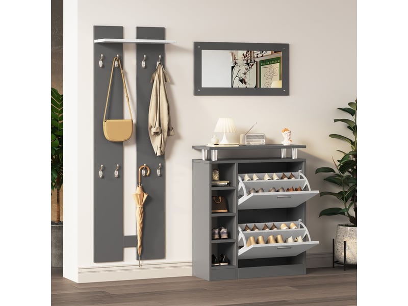  Meuble à chaussures 80x30x100, armoire à chaussures avec étagères réglables, capacité 12 paires, miroir intégré, panneaux muraux avec crochets  - Conforama A
