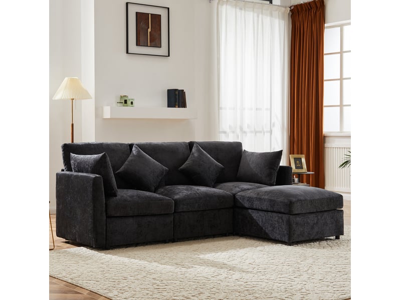 Canapé d'angle ulevr modulable en chenille gris 216 x 161 cm avec pouf mobile et 4 coussins, 3 à 4 places - Conforama E