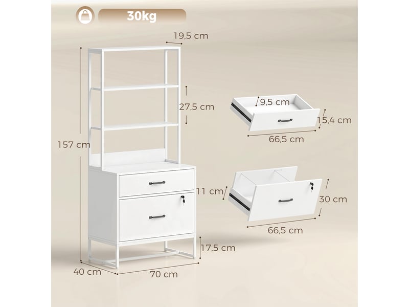  Classeur à dossiers suspendus avec étagères, 2 tiroirs, plateau pour imprimante, verrouillable, formats a4, lettre et légal, blanc  - Conforama E