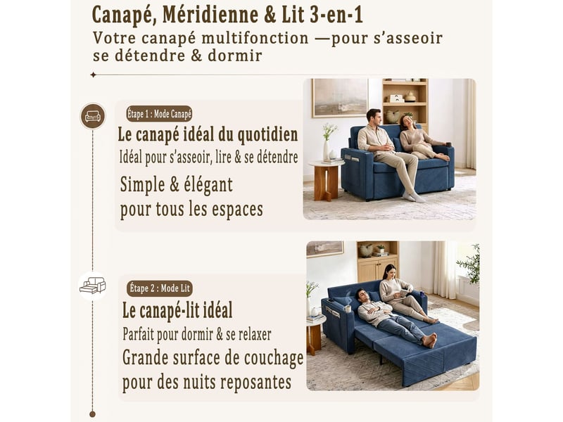 Canapé conception 3-en-1 style minimaliste grand et élégant luxe léger design coulissant convertible chargement usb idéal à la sieste bleu marine - Conforama E