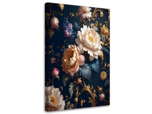 Toile imprimée, un élégant bouquet de roses blanches dont les fleurs se détachent sur un fond bleu marine. 30x45