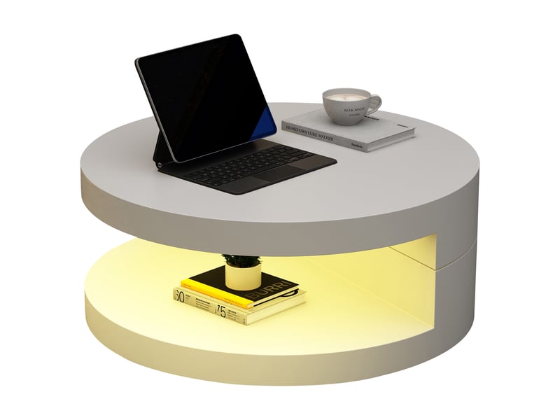  Table basse ronde blanche pivotante à 360 degrés avec éclairage led - mdf 70x70 cm double couche  - Conforama A