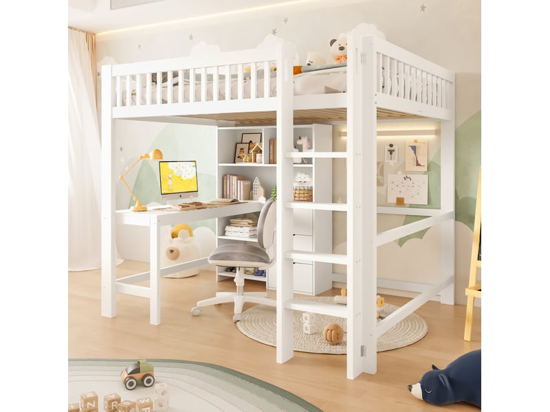 Lit combiné 140x200 cm, espace de rangement, avec bureau, 3 tiroirs et échelle, structure en bois, blanc, sans matelas - Conforama D