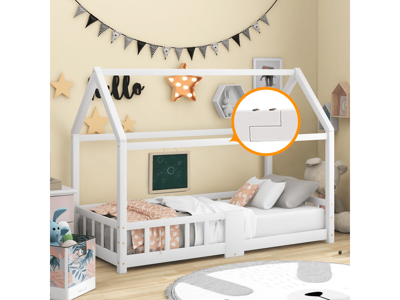  Lit cabane enfant 90x200cm - blanc pin massif avec tableau noir - lit enfant - forme maison barrière - sécurité sommier lattes  - Conforama E