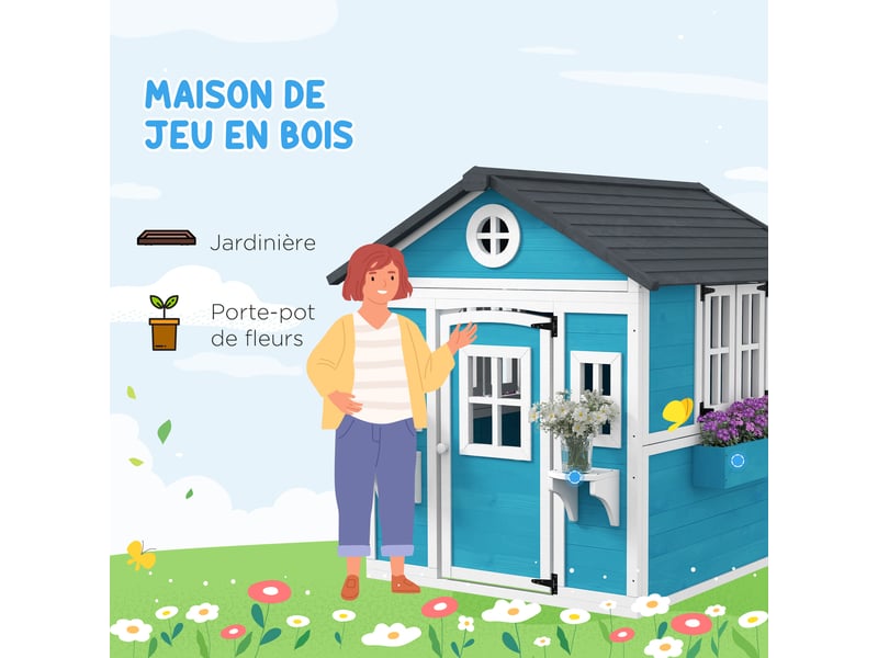  Cabane enfant extérieur maison enfant extérieure avec porte fenêtres et jardinières bleu 114 x 126,4 x 135 cm  - Conforama A