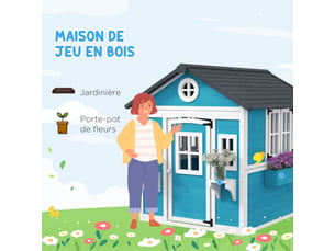 Cabane enfant extérieur maison enfant extérieure avec porte fenêtres et jardinières bleu 114 x 126,4 x 135 cm