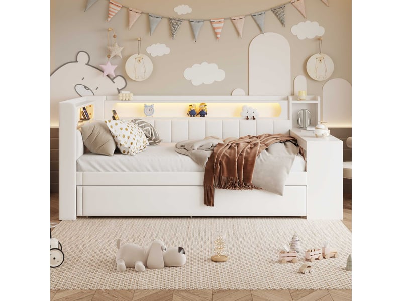 Lit gigogne 90x200 cm avec lit tiroir 90x190 cm, bureau intégré, led et usb, structure en bois, blanc - Conforama D