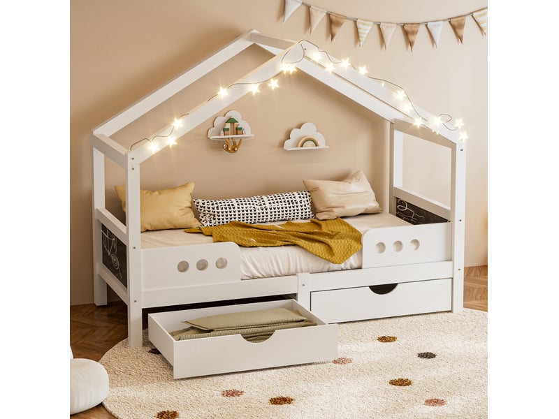  Lit cabane enfant 90x200 cm avec 2 grands tiroirs, sommier à lattes, finition vernis uv, cadre en mdf, blanc  - Conforama E