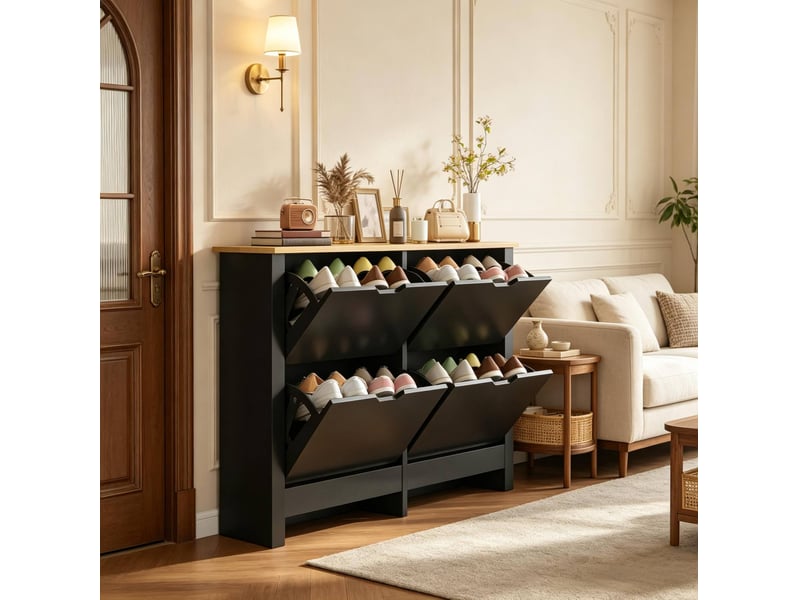  Meuble à chaussures tcqpz 16 paires 105 x 26 x 80 cm 4 portes abattantes étagères réglables panneau de particules e1 noir et décor bois naturel  - Conforama A